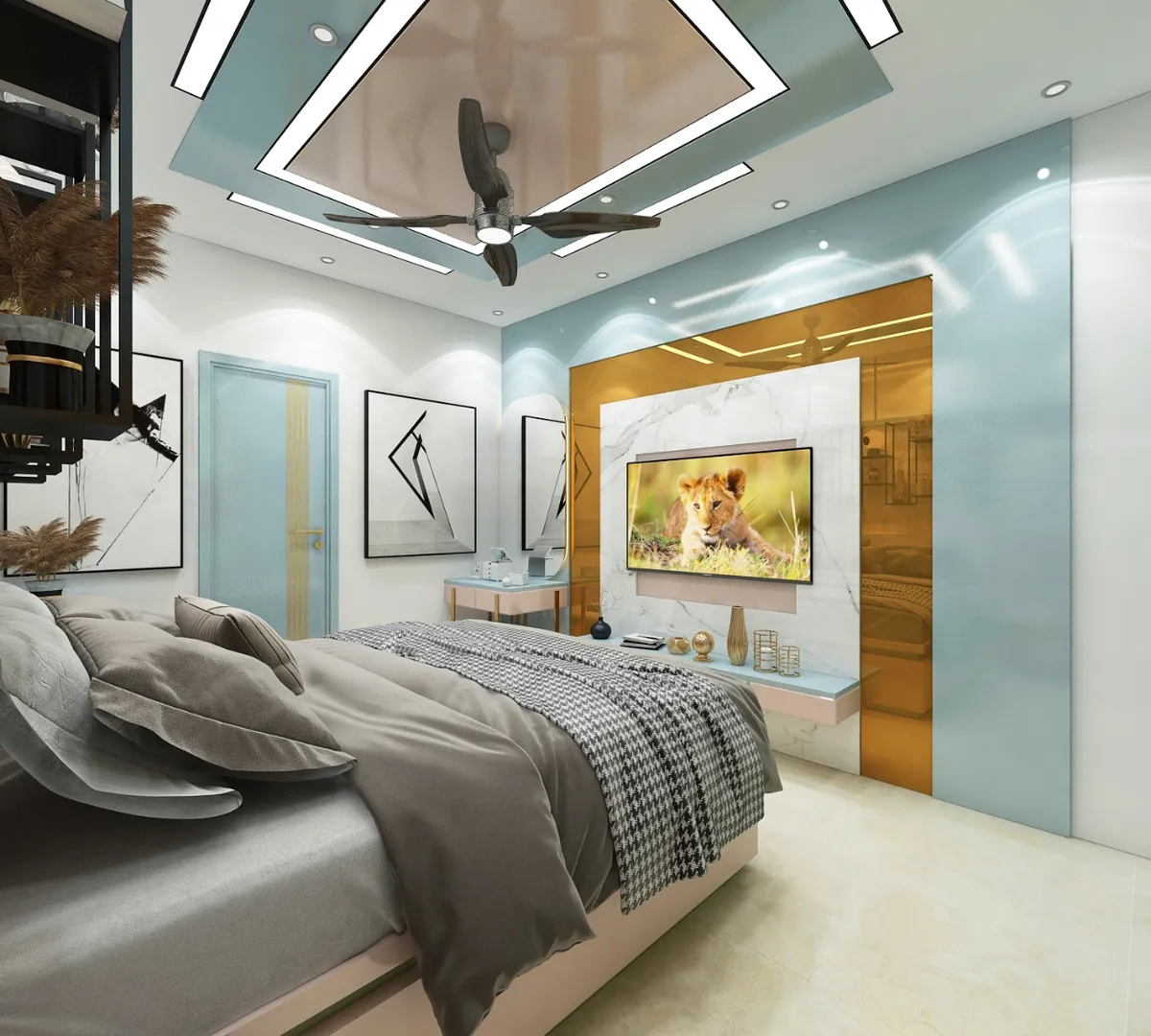 Render of a pastel-blue bedroom with a mirror-finish diamond ceiling panel around the fan, a marble TV backdrop flanked by bronze mirror strips