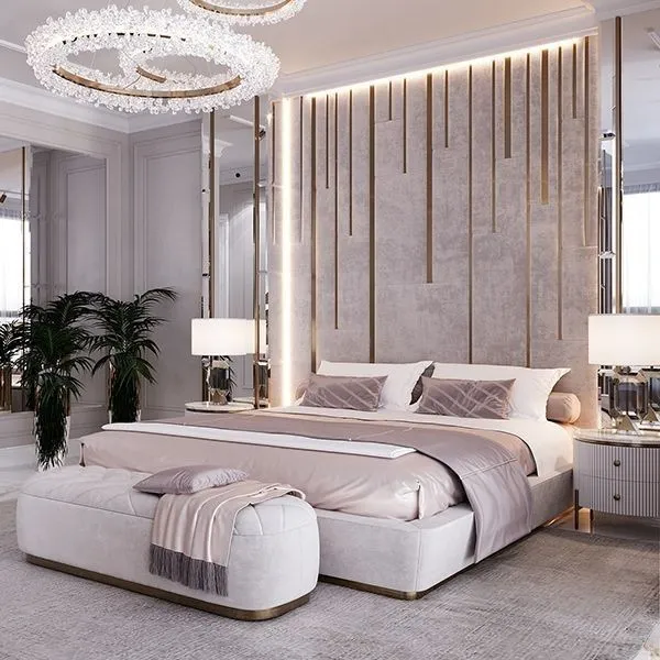 Render of a blush bedroom with a suede headboard wall dropped with uneven brass fins