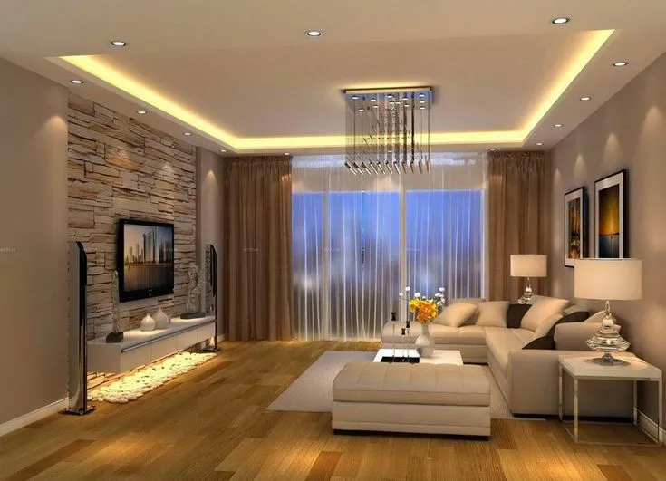 Render of a living room with a stacked-stone TV accent wall, a cove-lit ceiling, a crystal drop chandelier