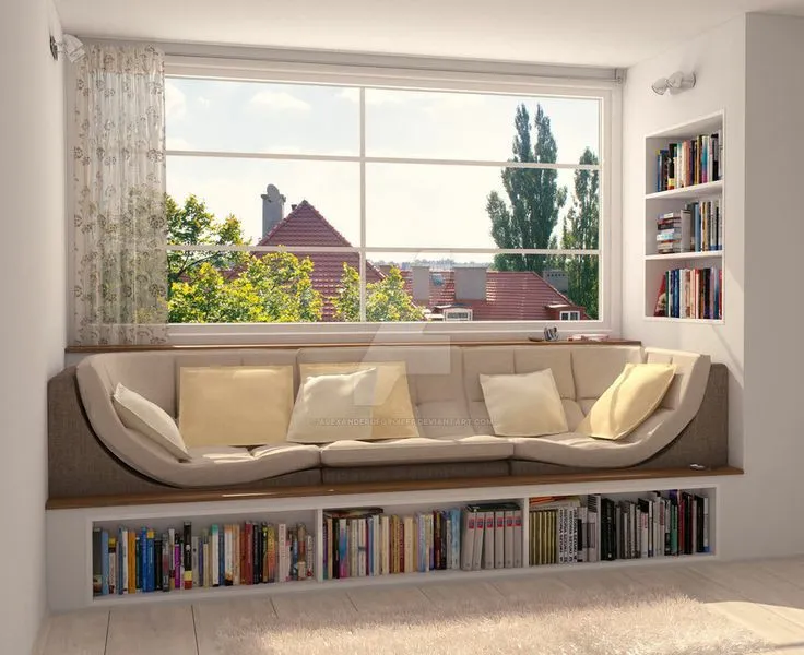 Render of a built-in window-seat bench sofa with cream cushions beneath a large window, flanked by floor-to-ceiling bookshelves and floral sheer curtains.