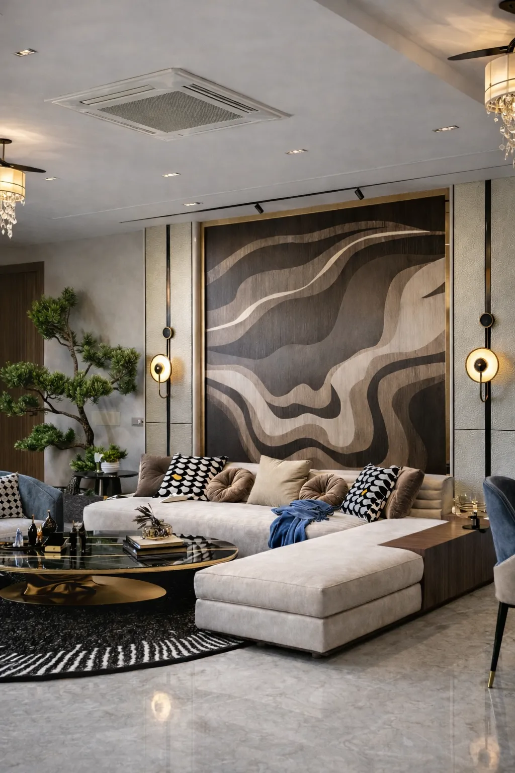 Render of a wide living room where a low greige modular sofa sits under an oversized wavy wood-marquetry panel