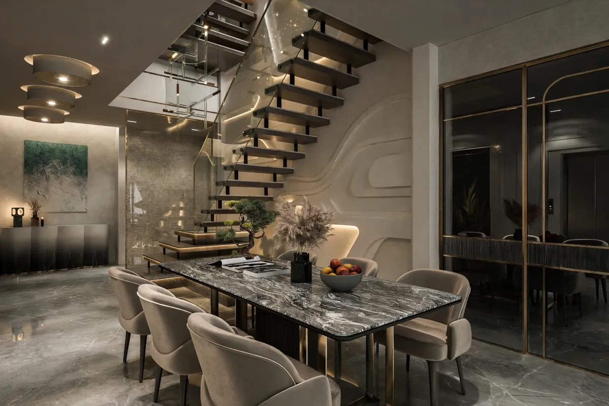 A render of a dining area with a dark marble-slab table, six beige velvet chairs, a floating staircase with bronze detailing