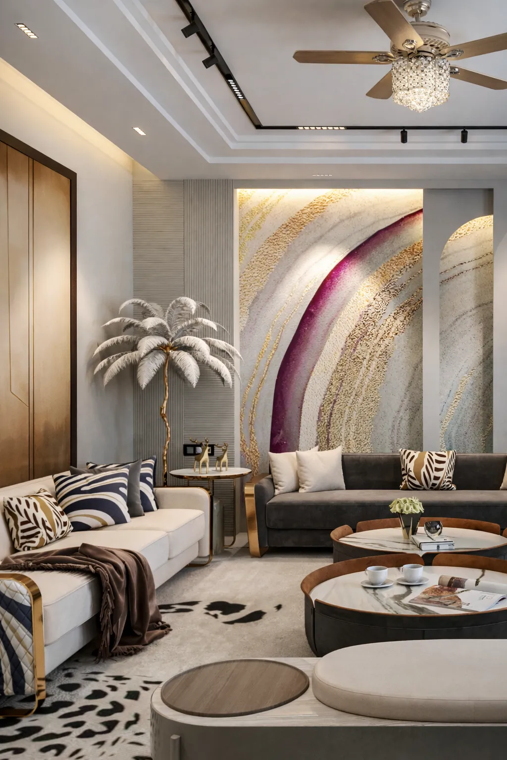 Render of a compact luxury sitting room where a cream sofa faces a grey velvet one across nesting round marble tables