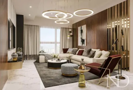 Render of a luxury living room with tiered circular ring pendant lights, a fluted wood-and-brass accent wall
