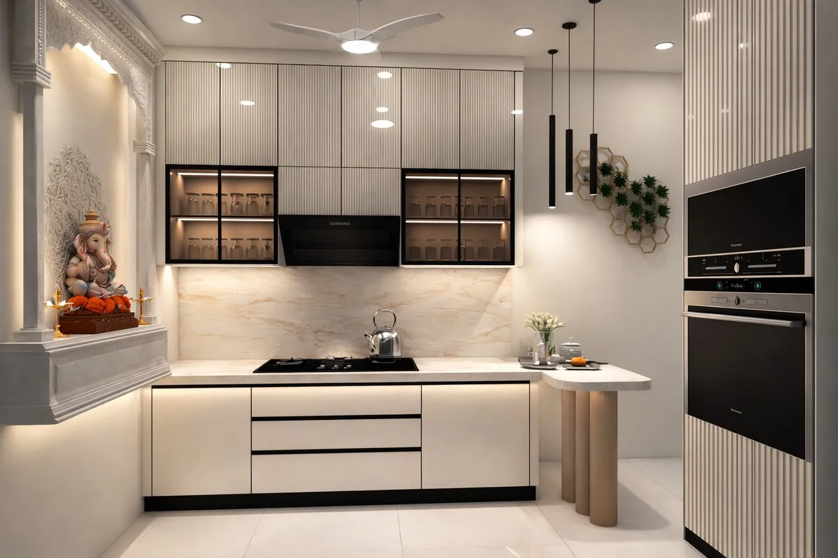 Render of a cream fluted-shutter kitchen with a carved white marble pooja niche built into the left wall