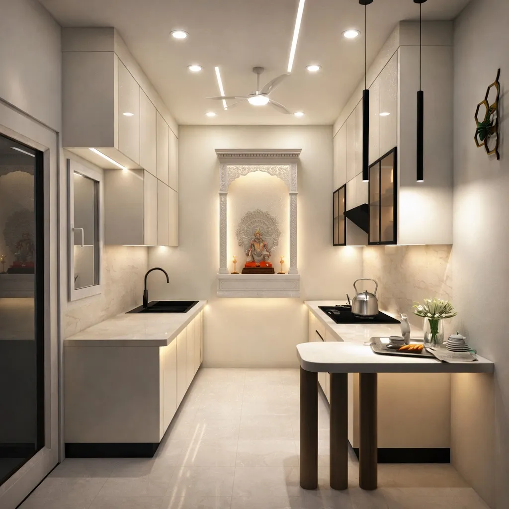 Render of a narrow parallel kitchen in handleless ivory shutters, with a carved white pooja niche backlit at the far end wall and a rounded breakfast counter