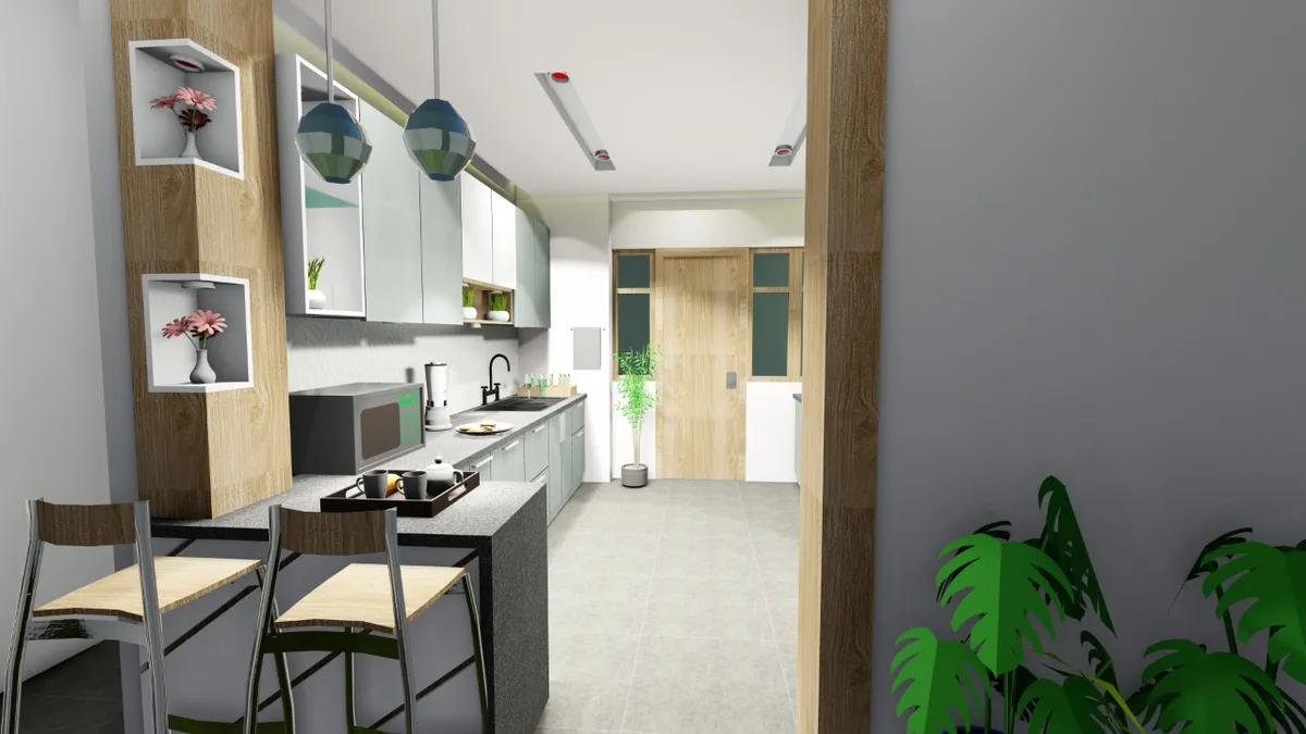 Basic render of a narrow parallel kitchen in sage-grey and white shutters, closed at the near end by a grey stone breakfast counter with two steel-frame bar