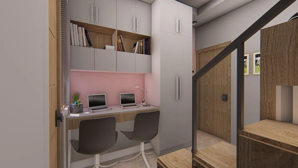 Render of a two-seat built-in study nook beside a staircase, with a blush-pink back panel, light-oak desk top, white overhead shutters and an open book shelf.