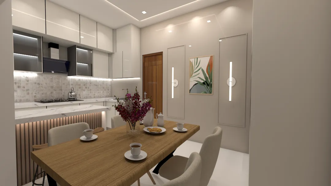 Render of a four-seat dining nook with a plain wood-top table and cream shell chairs, set against beige wall panels carrying slim vertical LED sconces