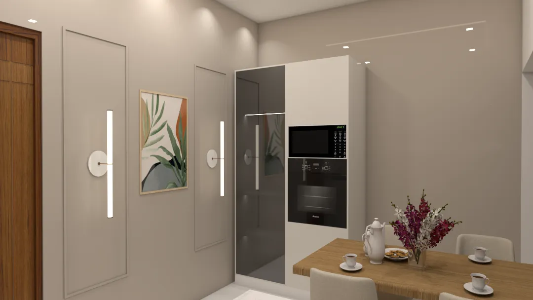 Render of a dining corner where a tall unit with a high-gloss grey shutter houses a stacked microwave and oven, facing a light oak table laid with cups