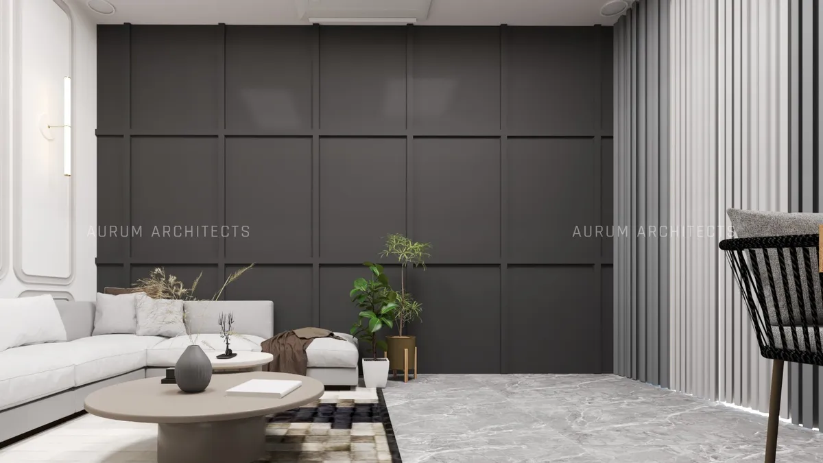 Render of a living room with a dark grid-panelled feature wall, a fluted light-wood slat wall, an L-shaped grey sofa