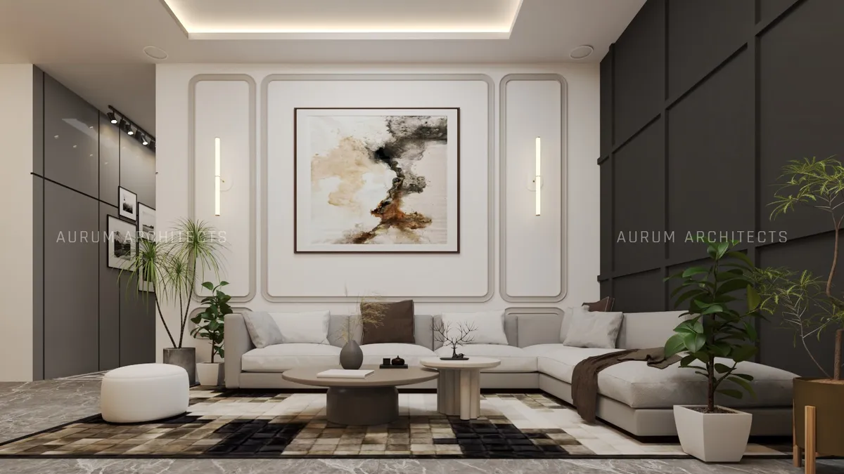 Render of a living room where a pale L-sofa sits against a wall of radius-cornered mouldings flanked by vertical linear sconces