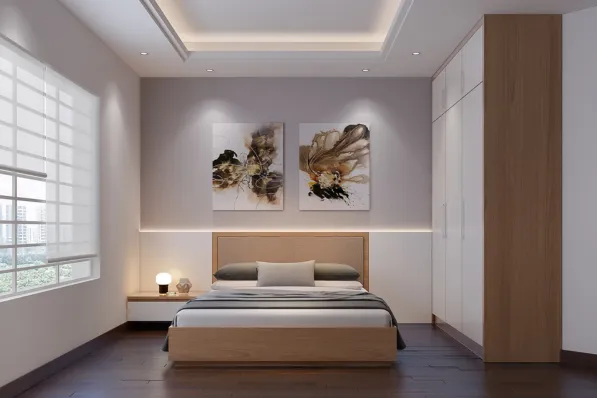 Render of a bedroom where an oak platform bed with a lit headboard band sits under two abstract ink-and-gold canvases