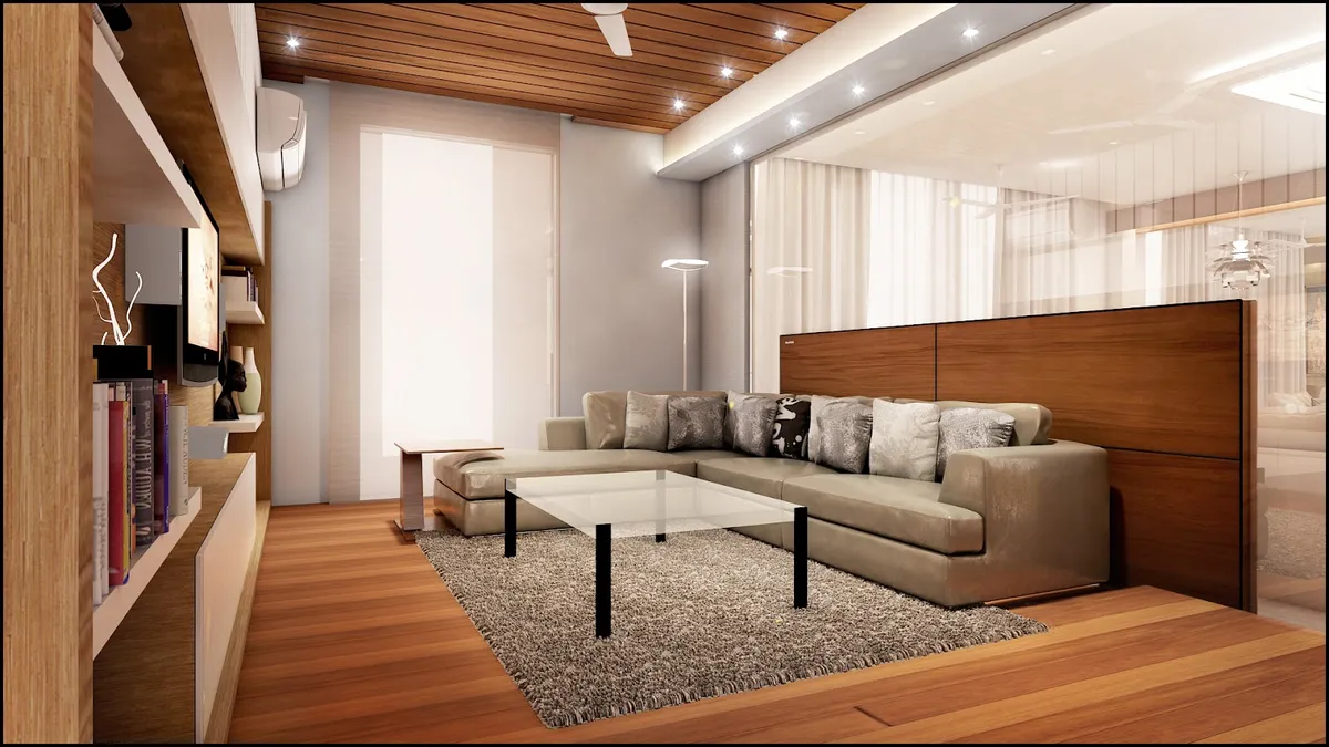 Render of a living room with a wood-slat ceiling, built-in shelving and TV unit, and an olive leather sectional sofa around a glass coffee table.