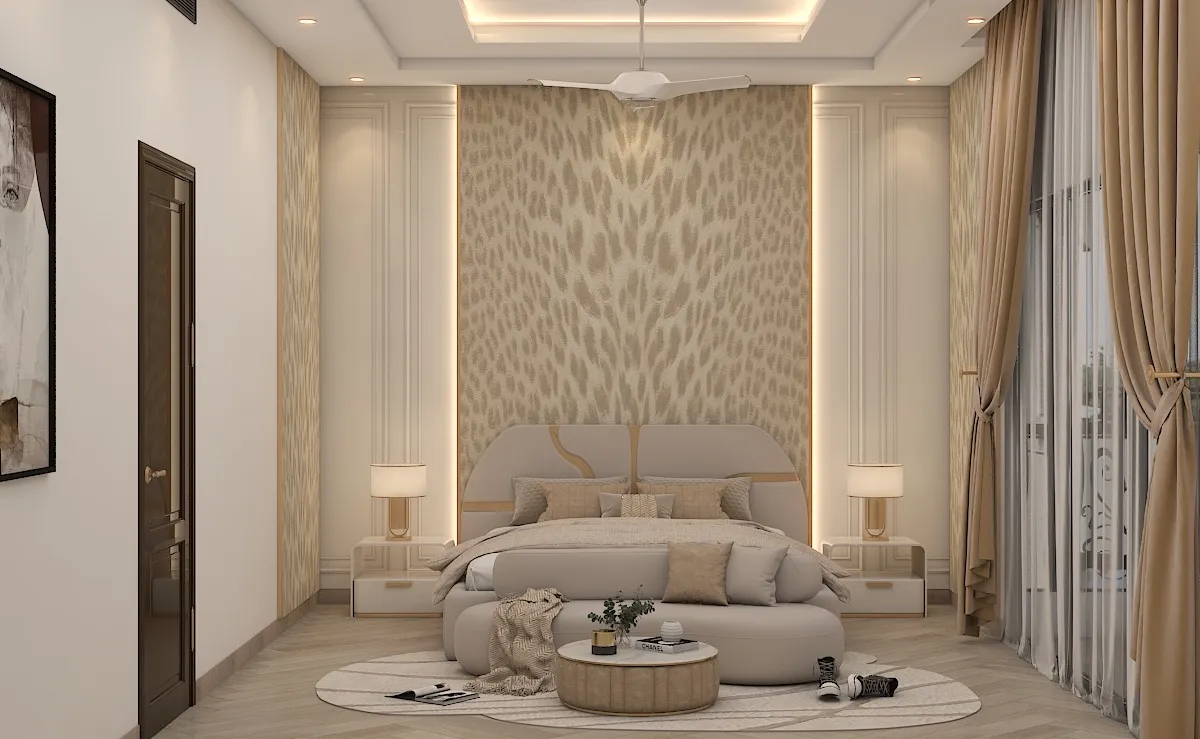 Render of a champagne bedroom with a curved brass-inlaid upholstered headboard against a feather-motif wallpaper drop