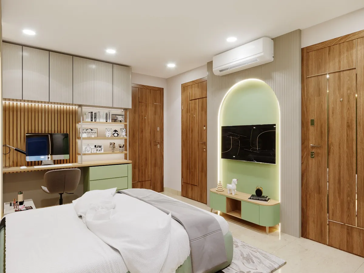 Rendered kids' bedroom with a sage-green built-in study desk and open shelving styled with toys and books, a backlit arched TV niche in matching green