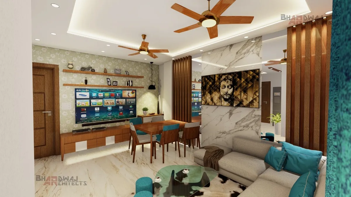 Render of an open-plan living-dining space with a grey sectional sofa and teal cushions facing a wood TV console