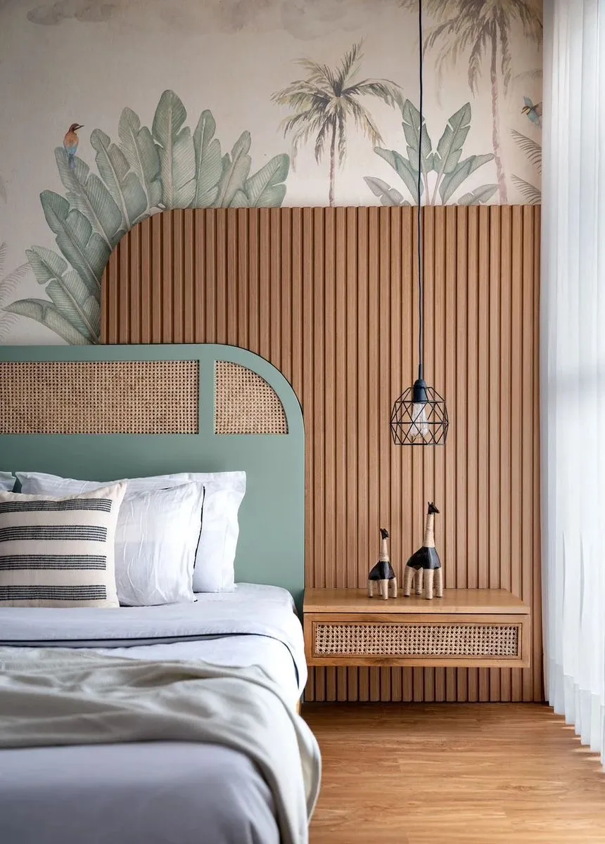 earthy boho master bedroom with panelling — real Indian home