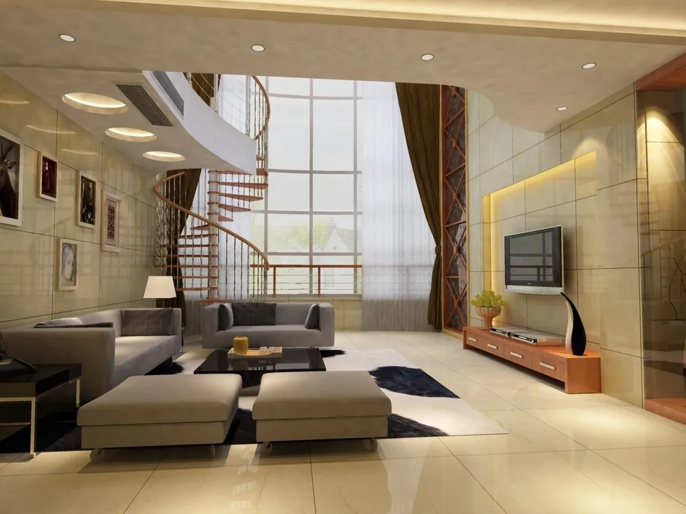 Render of a double-height living room where grey modular sofas and two ottomans sit on a black-and-white cowhide rug