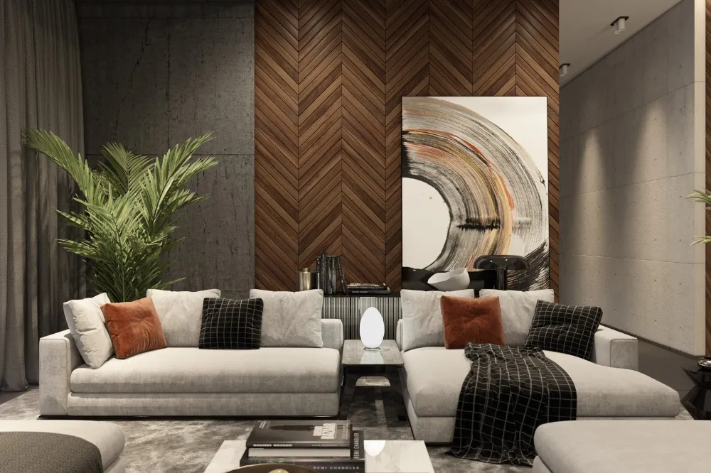 Render of a living room where a chevron walnut feature wall meets board-marked concrete panels