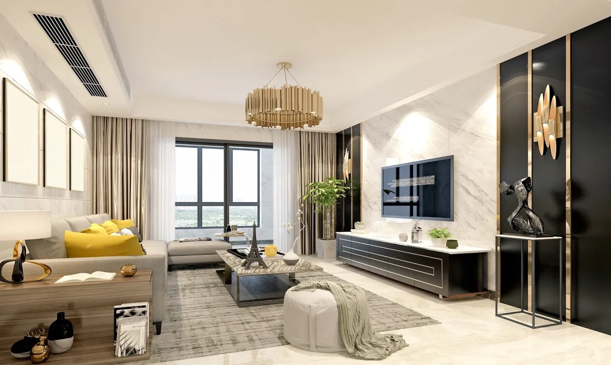 Render of a high-rise living room with a white marble TV wall meeting a black-and-brass fluted panel