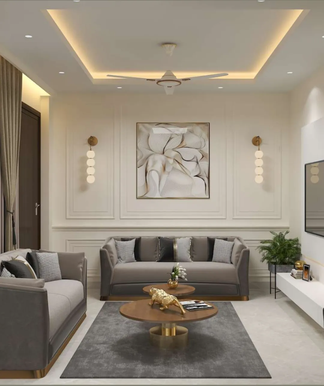 Render of an ivory moulding-panelled living room where two grey velvet sofas face a two-tier walnut coffee table with a gold leopard figurine