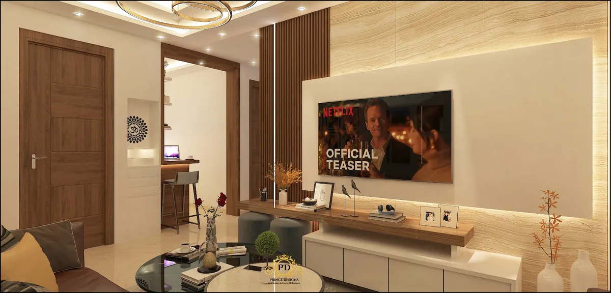 A render of a living room TV wall with vertical fluted wood strips, a floating two-tone TV console styled with frames and decor objects