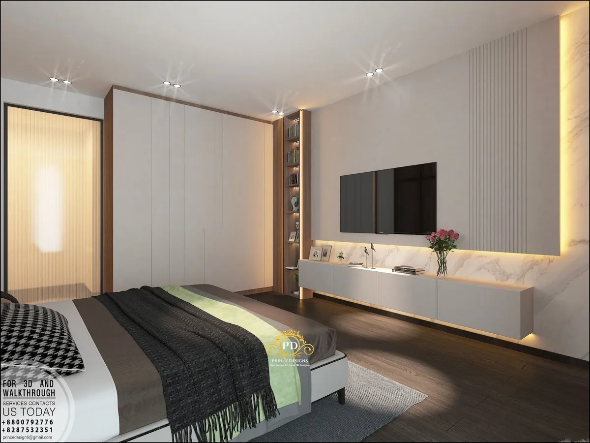 Render of a bedroom with a handleless full-height wardrobe run, a backlit marble-clad TV wall with a fluted band