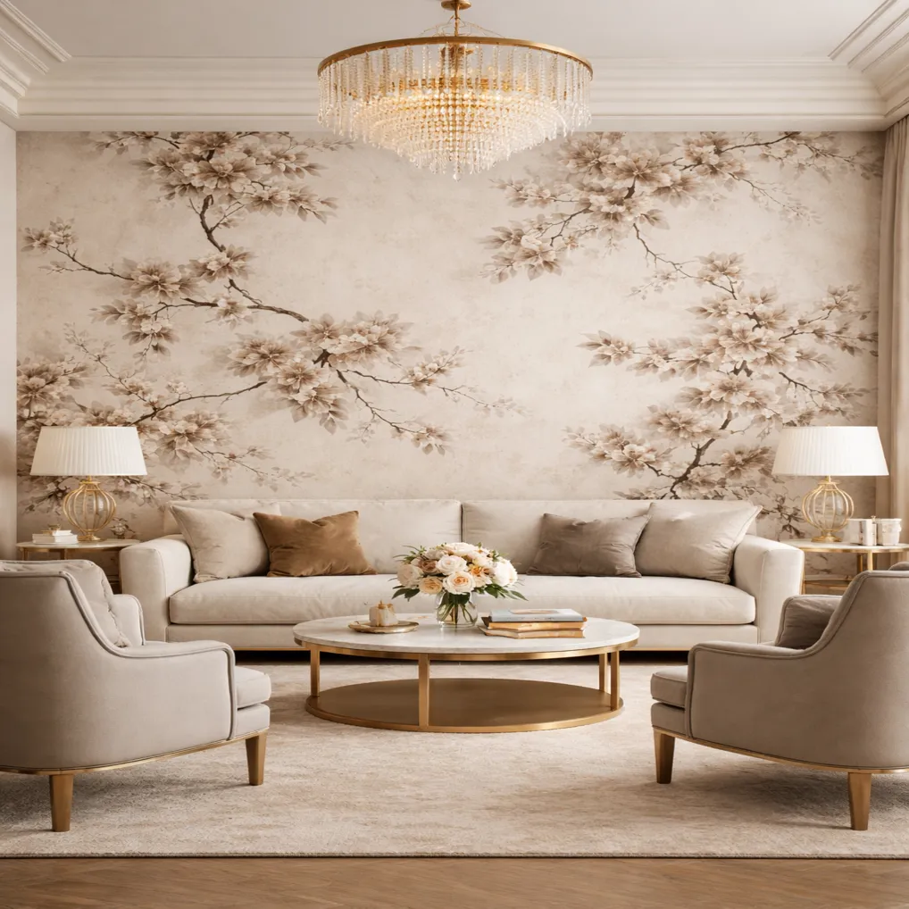 Render of a symmetrical formal living room where a full-wall magnolia-branch mural sits behind a long cream sofa, flanked by twin brass lamps