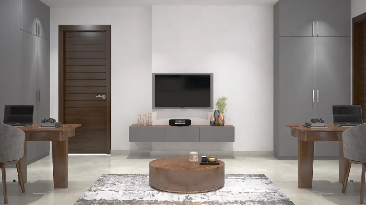 Render of a symmetrical living space with a grey floating TV console on a plain textured wall