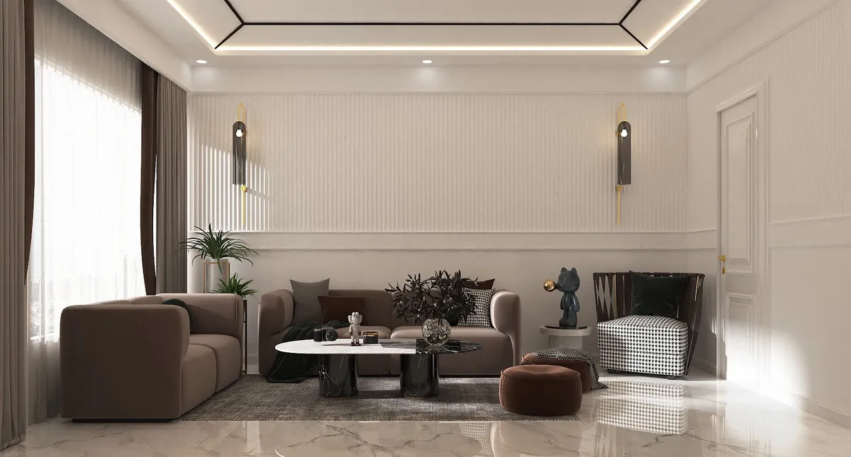 Render of a living room with two chocolate-brown sofas and a black-and-white houndstooth armchair on polished white marble