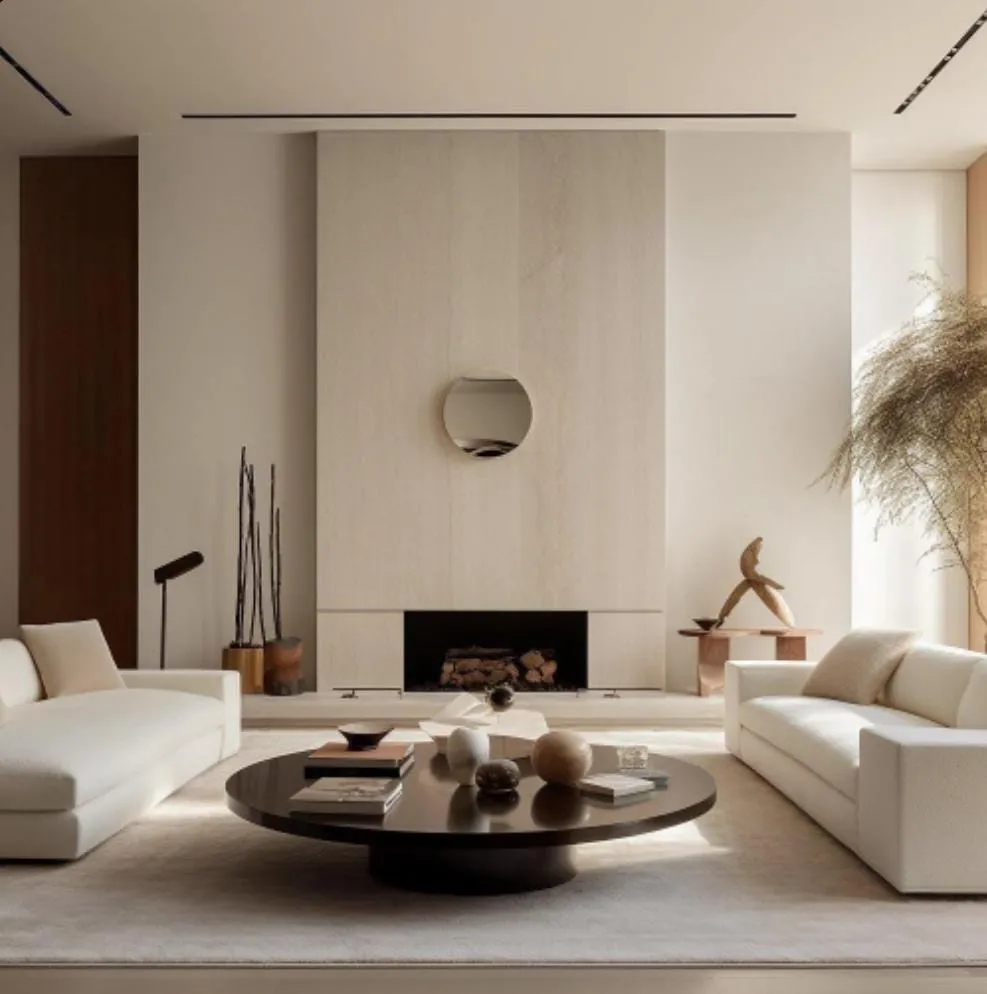 Render of a pale minimalist living room - a travertine slab chimney breast with a recessed log fire and one small round blob mirror