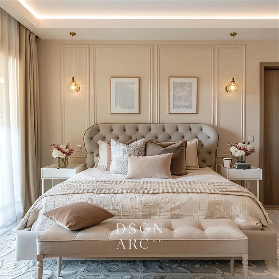 Render of a master bedroom with a tufted beige headboard against a panel-moulded wall, twin mini pendant lights, framed artwork