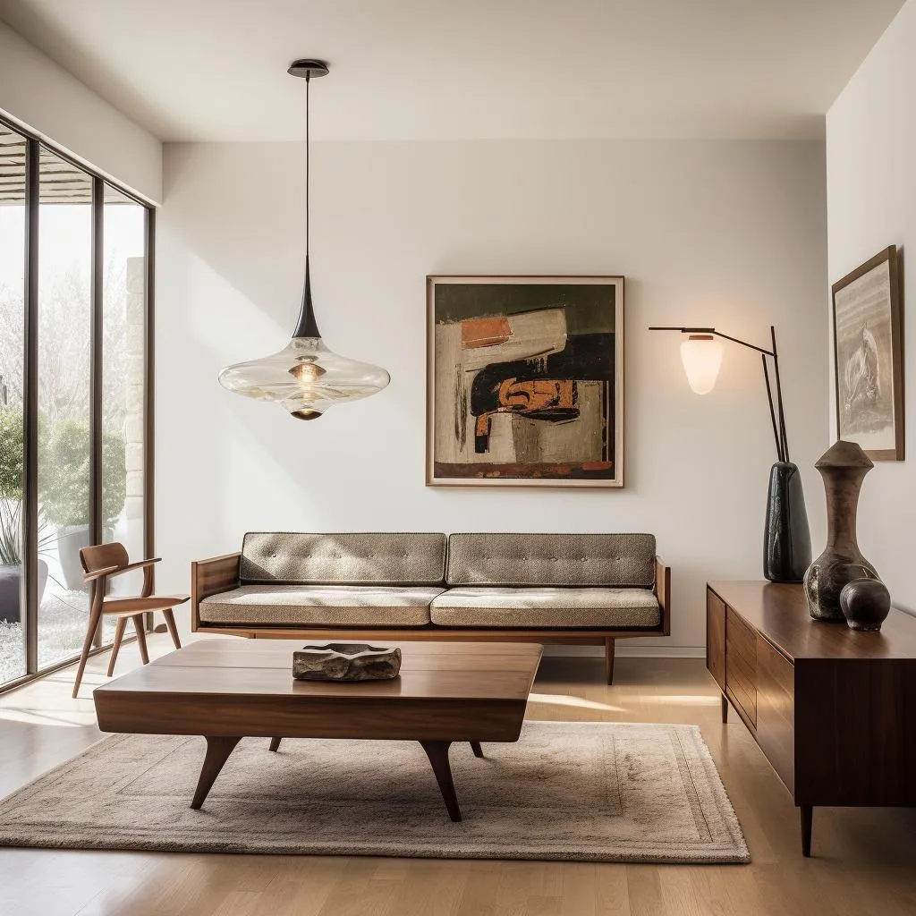 Render of a mid-century living room with a walnut-frame tufted sofa, tapered-leg walnut coffee table and a smoked-glass teardrop pendant beside full-height