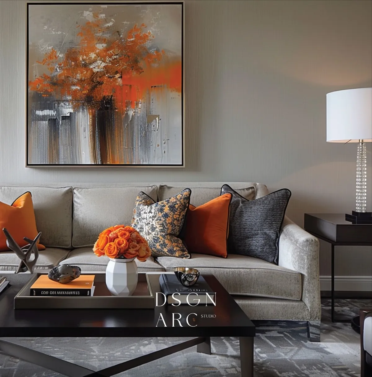 Grey tuxedo-arm sofa styled with burnt-orange and navy floral cushions under a large orange abstract canvas