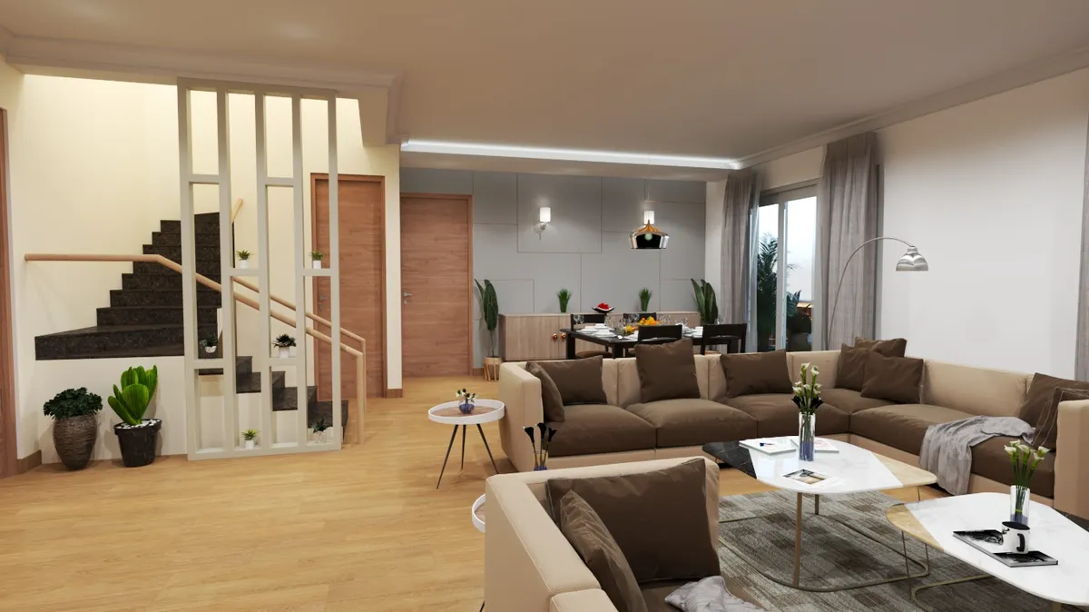 Render of an open-plan living room with a taupe modular sectional on a grey rug, a white slatted screen wrapping the timber staircase