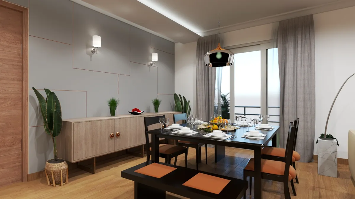 Render of a dining room with a grey panelled wall inlaid with copper reveal lines and paired sconces