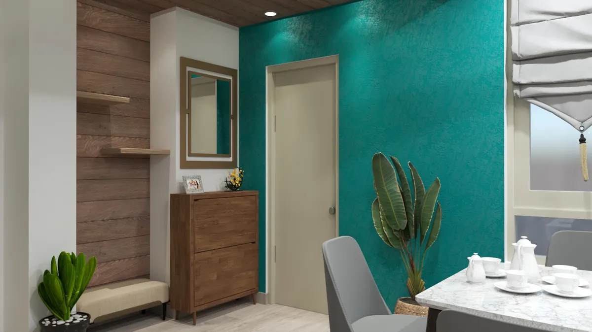 Render of a home entrance foyer with a teal textured accent wall, wood-plank clad display wall, a mirror over a wooden shoe console