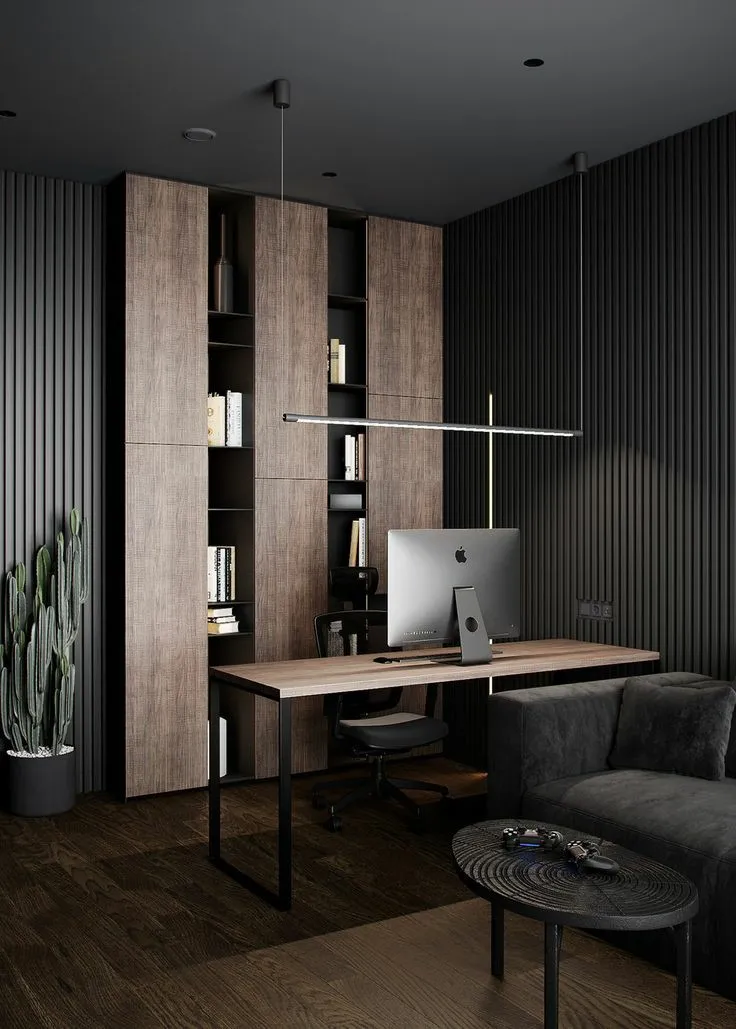 Render of a charcoal home study where floor-to-ceiling fluted panelling wraps two walls, a wood tall unit is slotted with open book niches