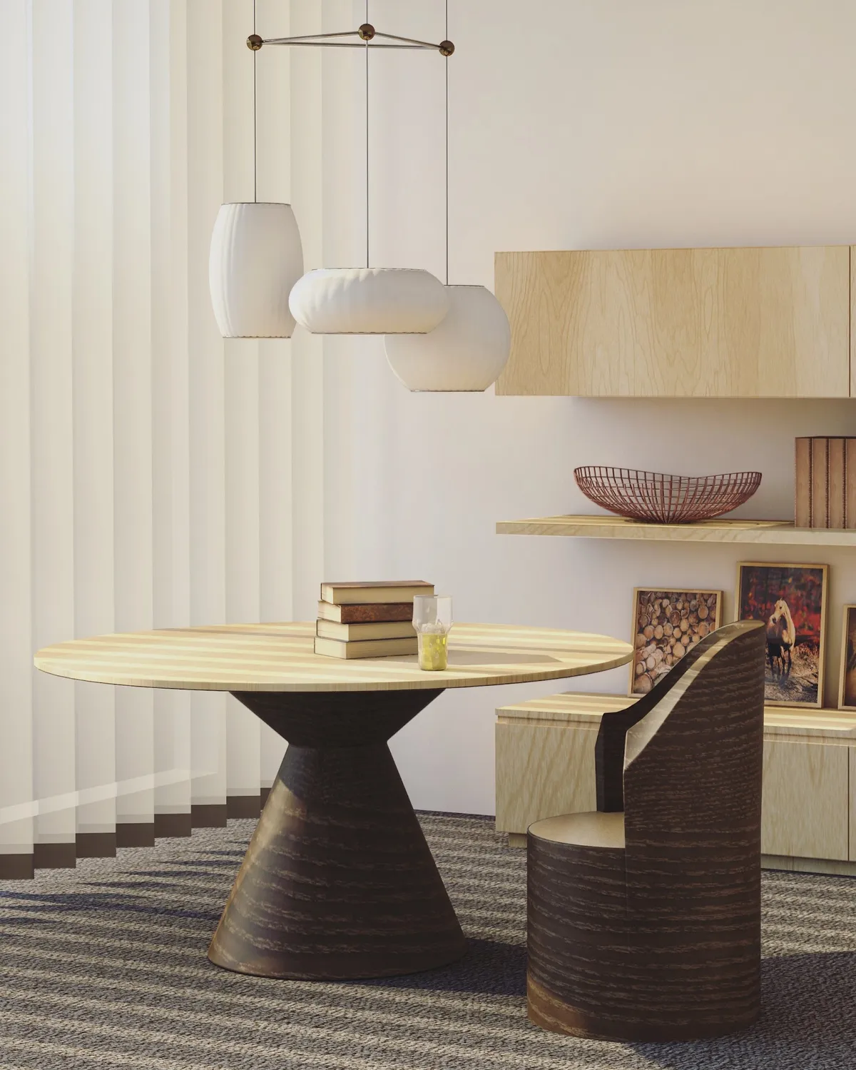 Render of a dining corner with a round pale-oak table on a dark conical pedestal, a drum-back sculptural chair