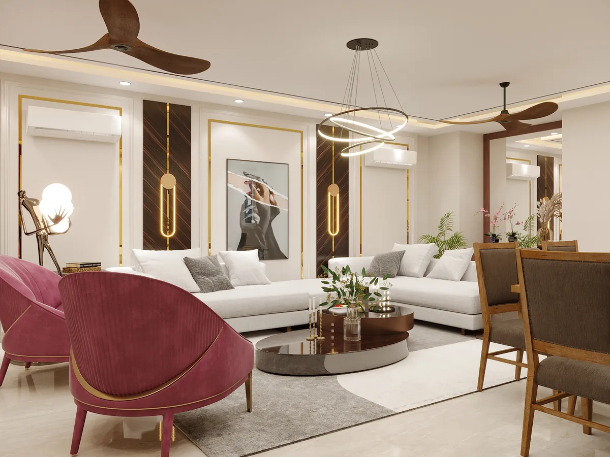 Render of an open living and dining space with a fluted dark-wood and gold-trim feature wall, a ring pendant chandelier
