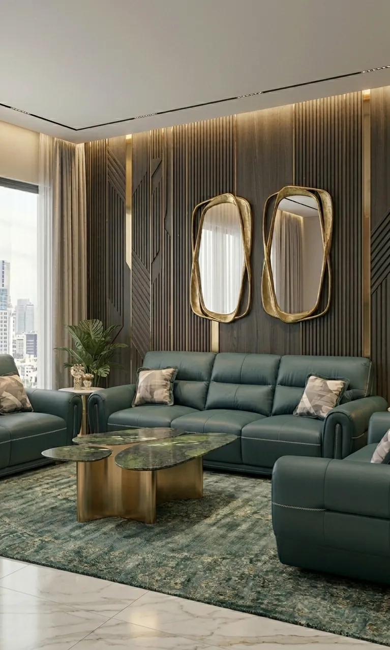 Render of a living room with emerald leather sofas, twin gold oval mirrors on a wood-slat wall with brass inlay