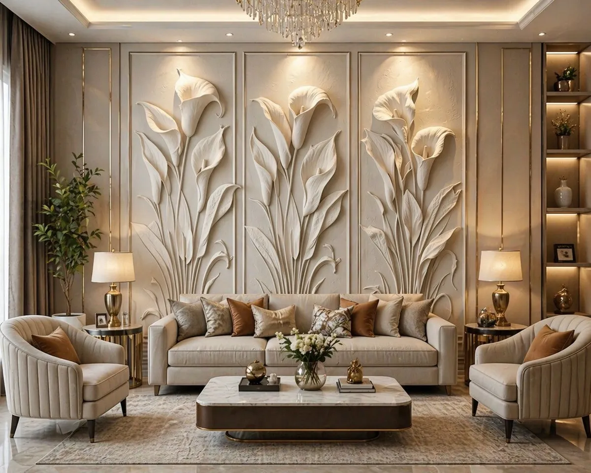 Render of a cream living room dominated by a three-bay sculpted calla-lily relief wall behind a beige sofa, flanked by brass urn lamps
