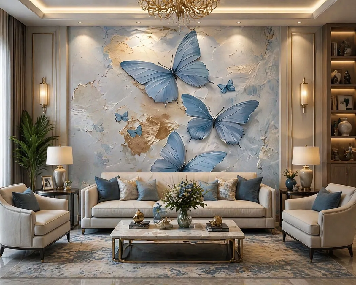 Living room with a large 3D-textured blue butterfly mural above a cream sofa set, a gold chandelier, a marble-and-brass coffee table