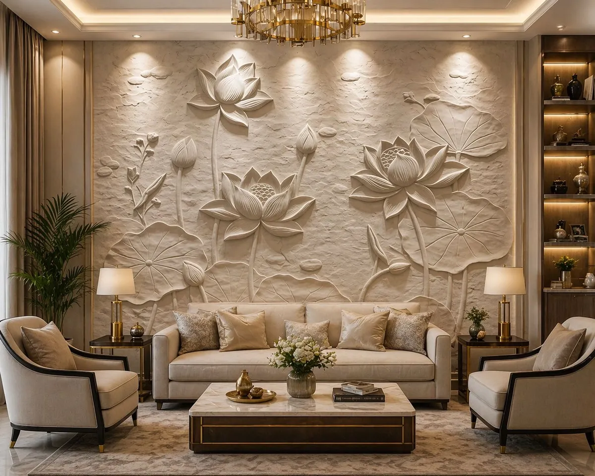 Render of a living room with a large sculpted lotus-flower bas-relief feature wall, a beige sofa set with brass-trimmed side tables, and a crystal chandelier.