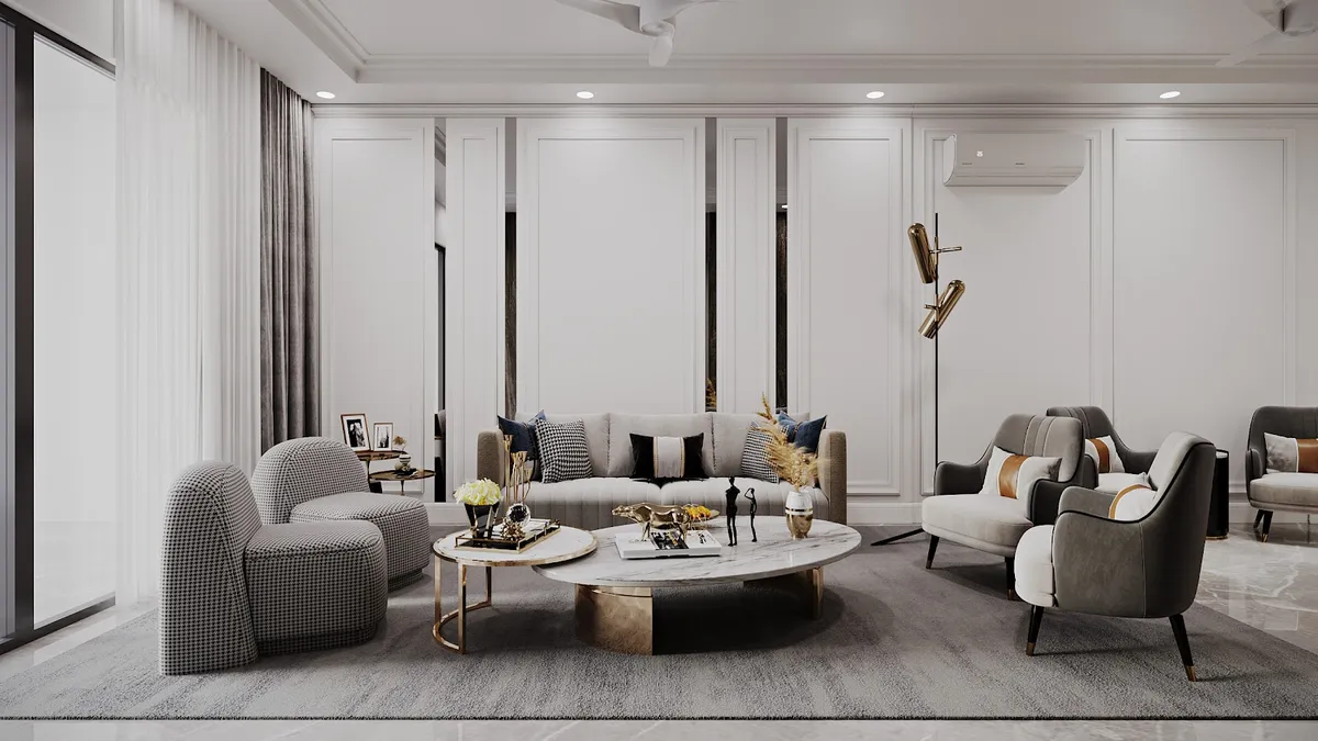 Render of a formal living room lined with white moulded wall panels and slim floor-to-ceiling mirror insets