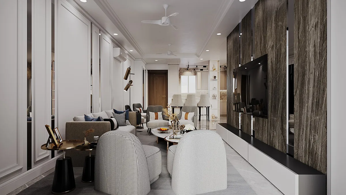 Render of a long white living room with moulded wall panels and mirror slivers down one side, a dark marble-clad TV wall and low white console on the other
