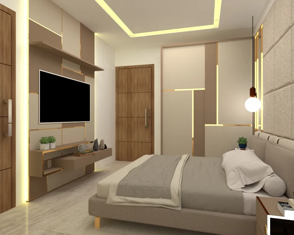 Render of a beige-and-gold bedroom where thin gold LED profiles trace both the sliding wardrobe shutters and the stepped TV wall