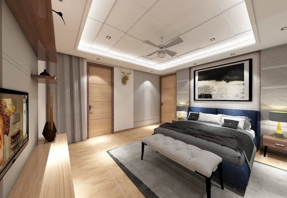 Render of a bedroom where a navy upholstered bed sits under a large black-and-white abstract