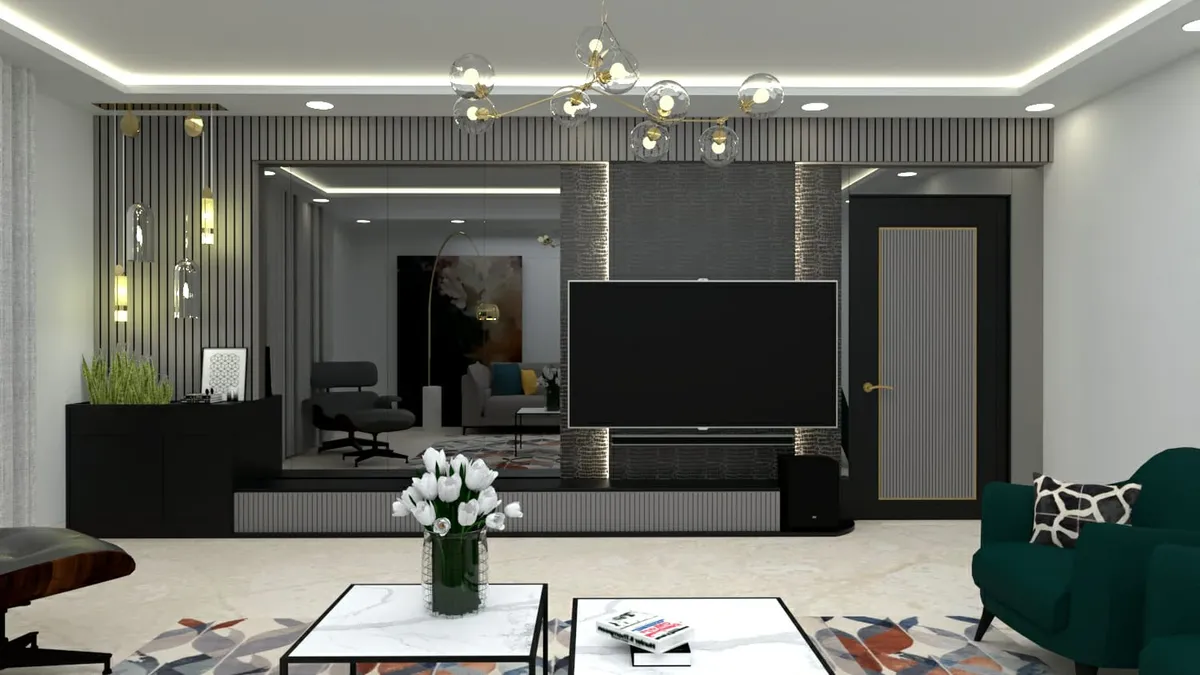 Render of a grey living room where a floor-to-ceiling mirror panel beside the textured black TV wall doubles the space